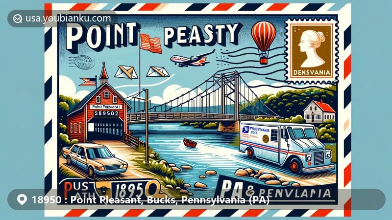 Modern illustration of Point Pleasant, Bucks County, Pennsylvania, representing ZIP code 18950, with a postcard or air mail envelope design. Features Delaware River, Tohickon Creek, Cabin Run Covered Bridge, Point Pleasant Historic District, and postal elements like a postage stamp, Pennsylvania state flag, postal truck, and mailbox.