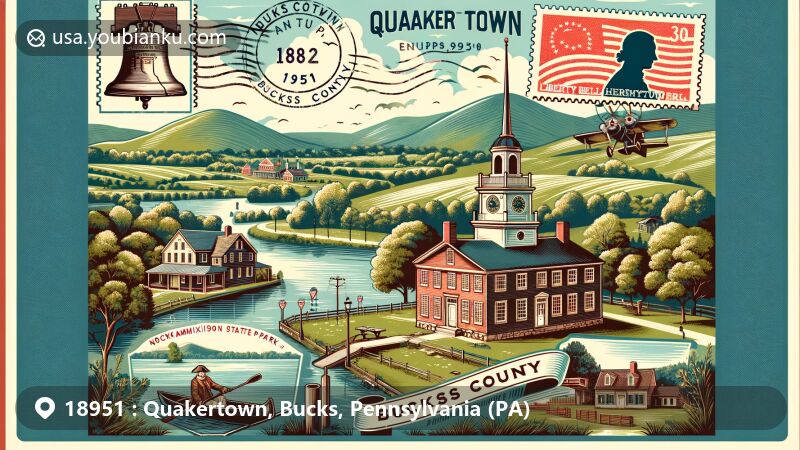 Vintage illustration of Quakertown, Bucks County, Pennsylvania, featuring Liberty Hall, Nockamixon State Park, and a postcard design with a stamp and postmark for ZIP code 18951.
