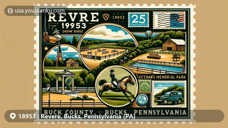 Modern illustration of Revere area, Bucks County, Pennsylvania, featuring Bucks County Horse Park and Veteran's Memorial Park, with show rings, dressage ring, all-purpose ring, trails, and cross-country jumps, all integrated into a postal-themed design for ZIP Code 18953.