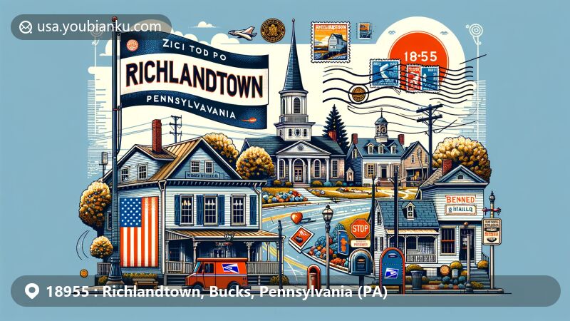 Modern illustration of Richlandtown, Bucks County, Pennsylvania, featuring postal theme with ZIP code 18955, showcasing characteristic homes and community spaces like Benner Hall, and incorporating Pennsylvania state flag.