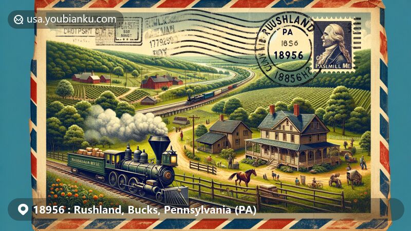 Modern illustration of Rushland, Bucks County, Pennsylvania, featuring postal theme with ZIP code 18956, showcasing Rushland Ridge Vineyard & Winery, New Hope & Ivyland Railroad, Vansant Farmhouse, and Bucks County's natural beauty.