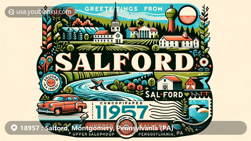 Contemporary illustration of Salford, Montgomery County, Pennsylvania, showcasing the '18957' postal code, Perkiomen Creek, and historic charm.
