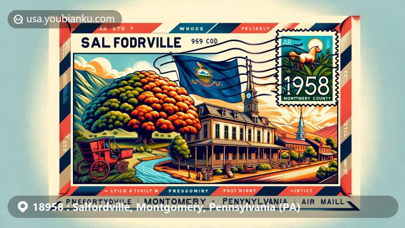 Modern illustration of Salfordville, Montgomery, Pennsylvania, highlighting ZIP code 18958 and historical significance with reference to early settlements, Christopher Dock White Oak tree, Pennsylvania state symbols, and Montgomery County outline within an airmail envelope.