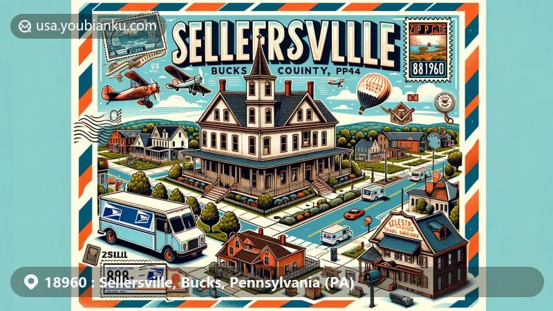 Illustration of Sellersville, Bucks County, Pennsylvania, featuring ZIP code 18960, highlighting the restored Washington House and Sellersville Theater 1894, along with vintage postal elements.