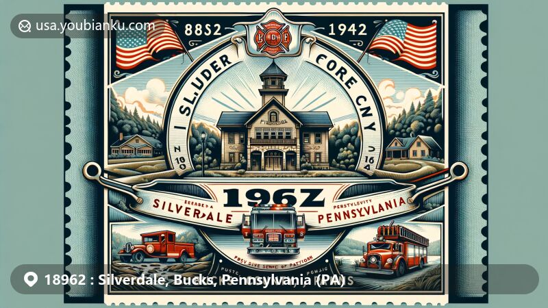 Modern illustration of Silverdale, Bucks County, Pennsylvania, highlighting postal code 18962, with focus on Silverdale Fire Company, American flag, and scenic park area.