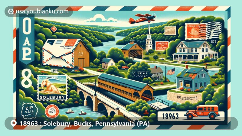 Vivid illustration of Solebury, Bucks County, Pennsylvania, with modern postal elements and historic landmarks like Van Sant Covered Bridge and George Nakashima House. Includes lush landscapes and postal symbols.