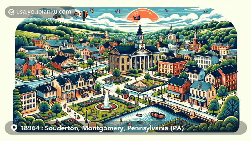 Modern illustration of Souderton, Montgomery County, Pennsylvania, featuring historic Main Street, green parks, community events, education system symbols, thriving local businesses, and vibrant art style.