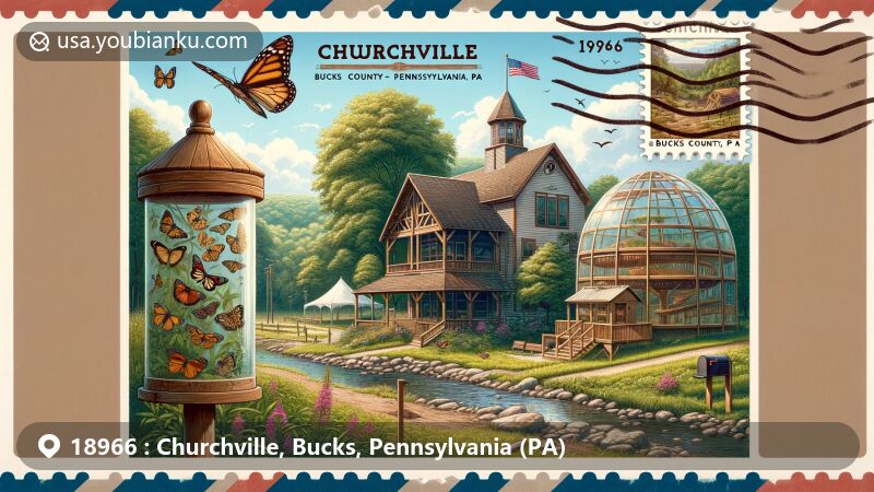 Modern illustration of Churchville Nature Center, Churchville, Bucks County, Pennsylvania, with a postal theme highlighting ZIP code 18966, featuring a butterfly house, Lenape village, lush natural scenery, and Pennsylvania state symbols.