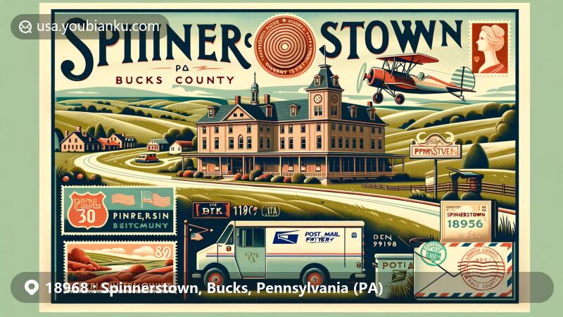 Modern illustration of Spinnerstown, Bucks County, Pennsylvania, highlighting the local red clay pottery by David Spinner, Spinnerstown Hotel, and scenic beauty of Upper Bucks County, with postal elements like air mail envelope, postage stamps with ZIP code 18968, Spinnerstown postmark, and classic postal van.