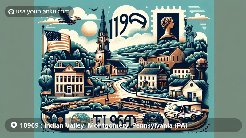Modern illustration of Telford, Montgomery County, Pennsylvania, with postal theme depicting ZIP code 18969, showcasing small-town charm and history as former cigar manufacturing hub, featuring Valley Forge National Historical Park and Pennsylvania state symbols.
