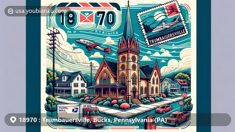 Modern illustration of Trumbauersville, Bucks County, Pennsylvania, capturing postal theme with ZIP code 18970, featuring the historic union church, cigar-making heritage, and local icons.