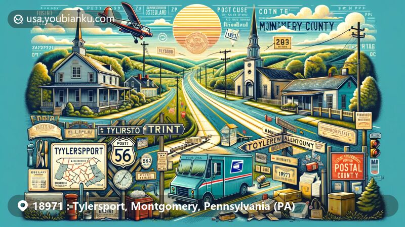 Modern illustration of Tylersport, Montgomery County, Pennsylvania, featuring rural beauty and postal elements, with a vintage postcard layout and ZIP code 18971.