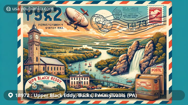 Modern illustration of Upper Black Eddy, Bucks County, Pennsylvania, featuring vintage postal elements and key landmarks like Ringing Rocks Park and Delaware Canal State Park.
