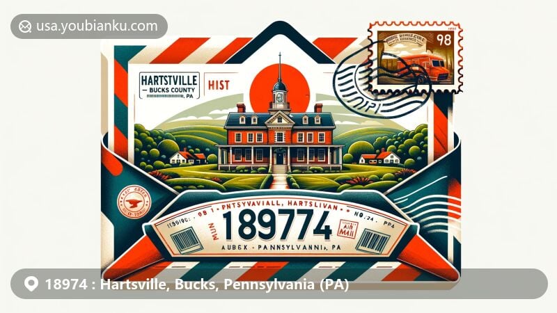 Modern illustration of Hartsville, Bucks County, Pennsylvania, highlighting postal theme with ZIP code 18974, featuring Moland House as General Washington's headquarters and lush Bucks County landscapes.
