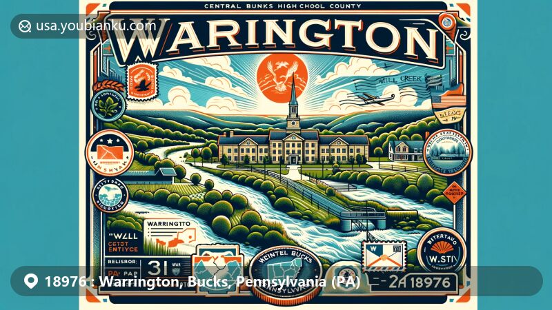 Modern illustration of Warrington, Bucks County, Pennsylvania, showcasing postal theme with ZIP code 18976, featuring Little Neshaminy Creek, Mill Creek, and Central Bucks High School South.