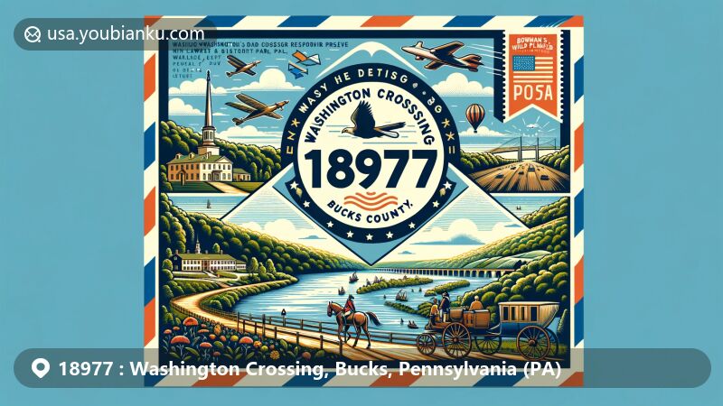 Modern illustration of Washington Crossing, Bucks County, Pennsylvania, featuring ZIP code 18977 and blending postal elements with local landmarks and cultural symbols, showcasing George Washington's historic crossing of the Delaware River and Washington Crossing Historic Park.