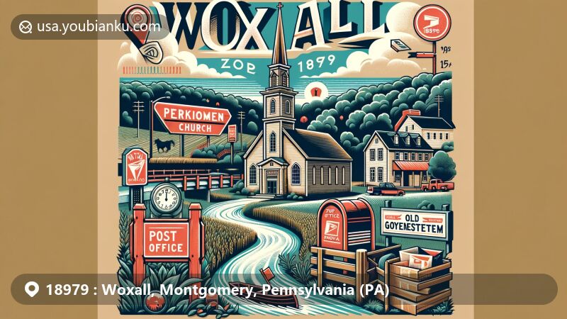 Unique illustration of Woxall, Pennsylvania, ZIP Code 18979, featuring Perkiomen Creek, Old Goshenhoppen Church, vintage post office sign, mailbox, postmark, and rural landscape.
