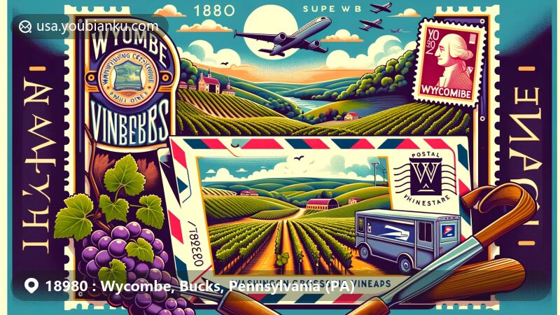 Modern illustration of Wycombe, Bucks County, Pennsylvania, featuring postal theme with Wycombe Vineyards, vintage air mail envelope, and custom stamp of Washington Crossing Historic Park.
