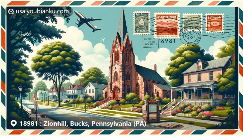 Modern illustration of Zionhill, Bucks County, Pennsylvania, highlighting Zion Evangelical Lutheran Church in a village setting with vintage postal elements and Pennsylvania state flag.