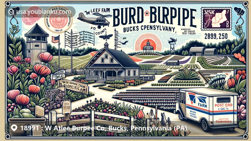 Modern illustration of W Atlee Burpee Co area in Bucks, Pennsylvania, showcasing postal theme with ZIP code 18991, featuring Fordhook Farm gardens and American postal symbols.