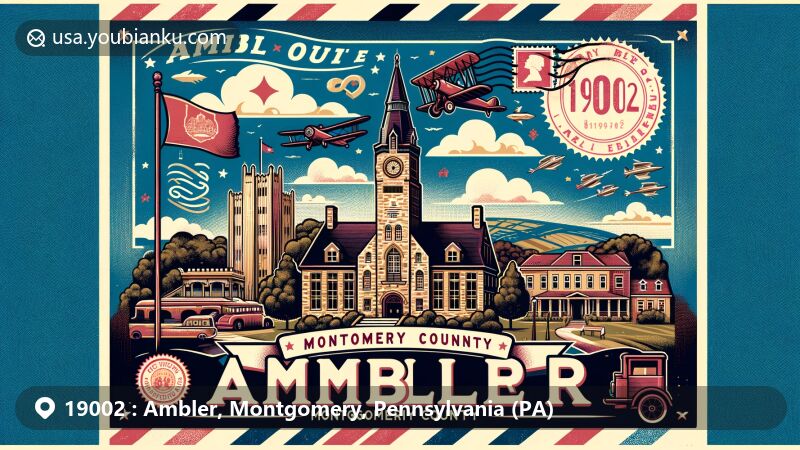 Modern illustration of Ambler, Montgomery County, Pennsylvania, with vintage postcard theme, showcasing landmarks like Lindenwold Castle, Ambler Theater, and Temple University Ambler, integrating Pennsylvania state flag and Montgomery County silhouette.