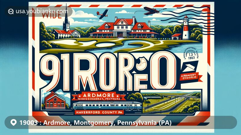 Modern illustration of ZIP code 19003, Ardmore, Montgomery, Pennsylvania, showcasing Merion Golf Club East Course, Pont Reading, and Haverford College Nature Trail, with Ardmore train station, Pennsylvania state flag, and Montgomery County outline.