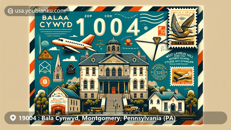 Modern illustration of Bala Cynwyd, Montgomery, Pennsylvania, with postal theme showcasing local landmarks like Cynwyd Academy, West Laurel Hill Cemetery, and Bala Theater, featuring Welsh Tract and Merion Friends Meeting House.