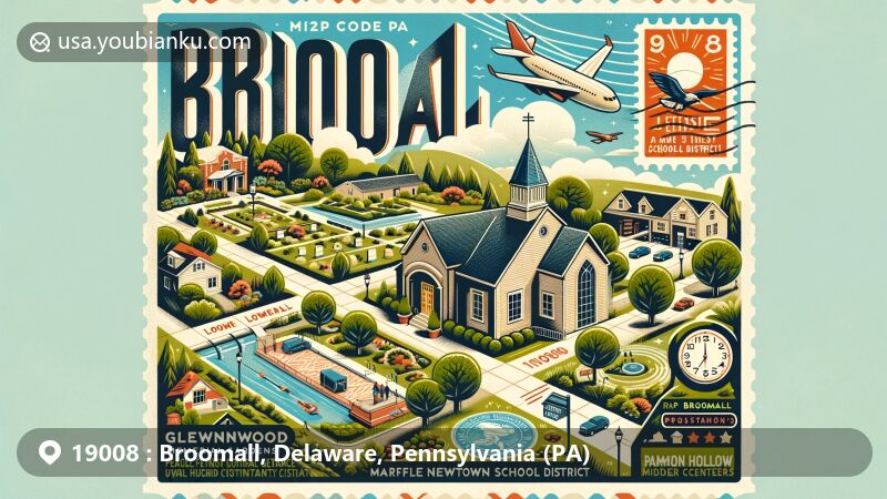 Modern illustration of Glenwood Memorial Gardens in Broomall, Delaware County, Pennsylvania, highlighting local amenities, schools from Marple Newtown School District, and transition in climate, with postal theme featuring ZIP code 19008.