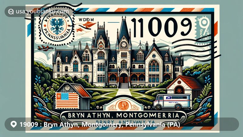 Modern illustration of Bryn Athyn, Montgomery, Pennsylvania, featuring postal theme with ZIP code 19009, highlighting iconic landmarks Cairnwood Estate, Glencairn Museum, and Bryn Athyn Cathedral.
