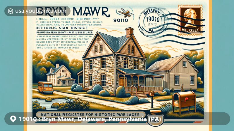 Modern illustration of Bryn Mawr, PA, showcasing Mill Creek Historic District's architectural styles like Georgian, Federal, Tudor Revival, and Colonial in ZIP Code 19010, with postal theme featuring postmark, envelope outline, ZIP Code stamp, and vintage mailbox.