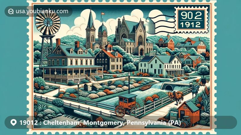 Modern illustration of Cheltenham, Montgomery County, Pennsylvania, showcasing ZIP code 19012, blending historic architecture with postal themes, including homes by architects like Frank Furness, Horace Trumbauer, and Frank Lloyd Wright.