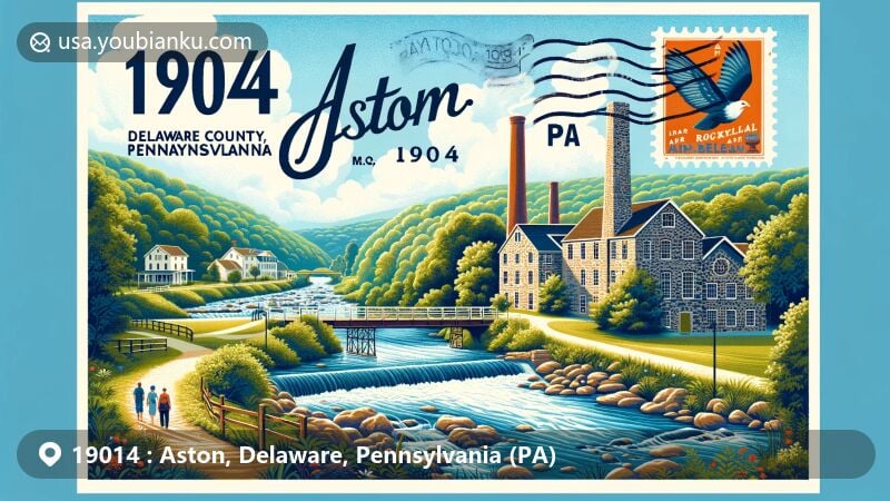 Modern illustration of Aston, Delaware County, Pennsylvania, featuring Chester Creek Trail and Rockdale village in a postal-themed design with ZIP code 19014.