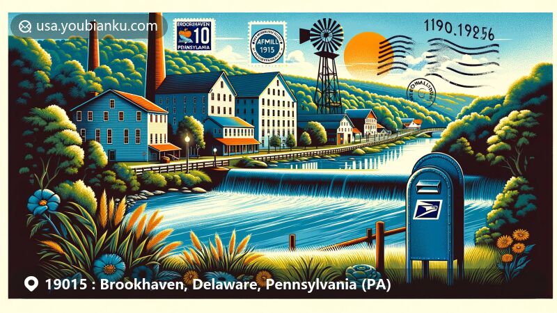Modern illustration of Brookhaven, Pennsylvania, blending scenic landscapes, historic mills, and community features, with '19015' ZIP code and postal elements like stamps and postmarks.