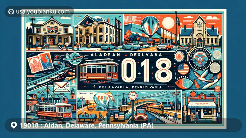 Modern postcard-style illustration of Aldan, Delaware County, Pennsylvania, showcasing ZIP code 19018, featuring Trolley Stop Museum and Veterans Park, with stamps, postmark, and mailbox, capturing town's rich history and community spirit.