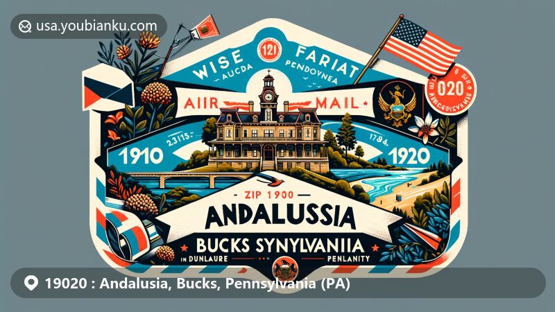 Creative depiction of Andalusia, Bucks County, Pennsylvania, inspired by vintage airmail aesthetics and modern design elements, featuring Pennsbury Manor, Delaware River, Mountain Laurel, and Pennsylvania state flag.