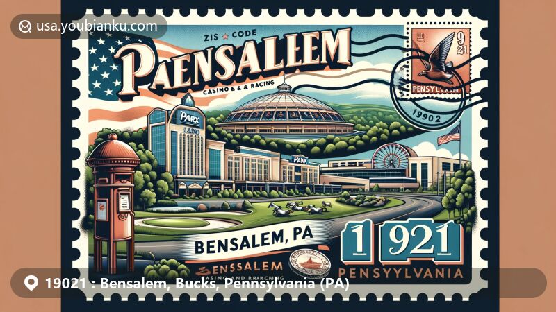 Vibrant illustration of Bensalem, Bucks County, Pennsylvania (ZIP code 19021), resembling a postcard design with Parx Casino and Racing as the centerpiece, set against the backdrop of Neshaminy State Park, accentuating the blend of nature and contemporary entertainment.