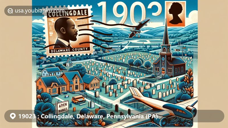 Modern illustration of Collingdale, Delaware County, Pennsylvania, featuring a postal theme with ZIP code 19023, highlighting local landmark Eden Cemetery with notable figures like singer Marian Anderson, physician Rebecca Cole, and activist Octavius Catto.