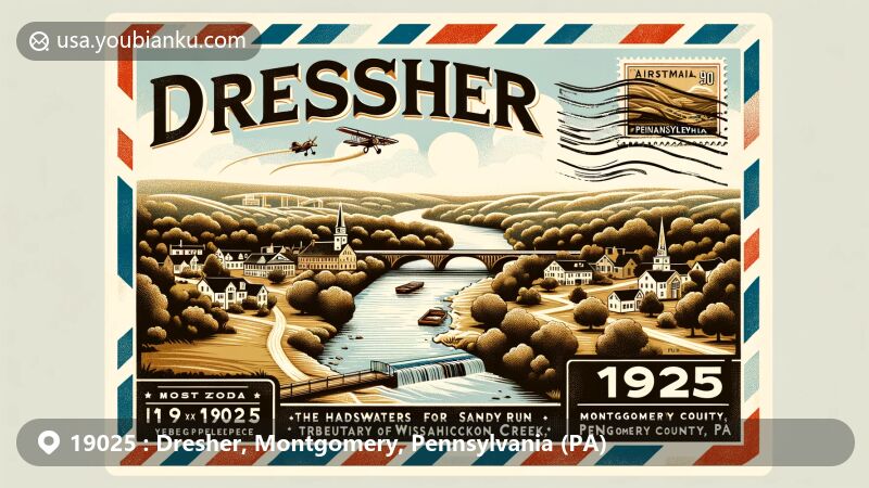 Modern illustration showcasing Dresher area, Montgomery County, Pennsylvania, reflecting vintage postcard theme with airmail edge, featuring Sandy Run headwaters, tributary of Wissahickon Creek, highlighting natural beauty and proximity to Philadelphia.