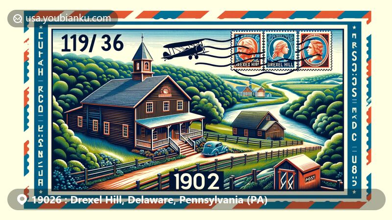 Modern illustration of Drexel Hill, Delaware County, Pennsylvania, featuring Lower Swedish Cabin and Collen Brook Farm, with postal theme and airmail envelope, vintage stamps, and postmark with ZIP code 19026.