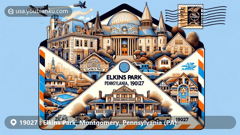 Modern illustration of Elkins Park, Pennsylvania, featuring ZIP code 19027, showcasing air mail envelope with postal elements and iconic landmarks like Lynnewood Hall, Beth Sholom Synagogue, and Richard Wall House Museum.