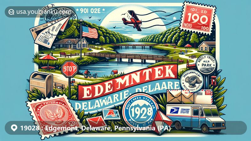 Modern illustration of Edgemont, Delaware County, Pennsylvania, featuring Ridley Creek State Park, postal theme with ZIP code 19028, and Pennsylvania state flag.