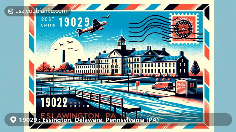 Modern illustration of Essington, Delaware County, Pennsylvania, showcasing postal theme with ZIP code 19029, featuring Lazaretto Quarantine Station and Delaware River.