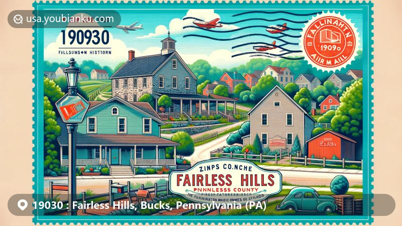 Modern illustration of Fairless Hills, Bucks County, Pennsylvania, featuring the Sotcher Farmhouse representing historical significance, Gunnison Magichomes reflecting community development, and visual nods to Fallsington Historic District, all within a vibrant postcard with postal motifs like stamp and postmark.