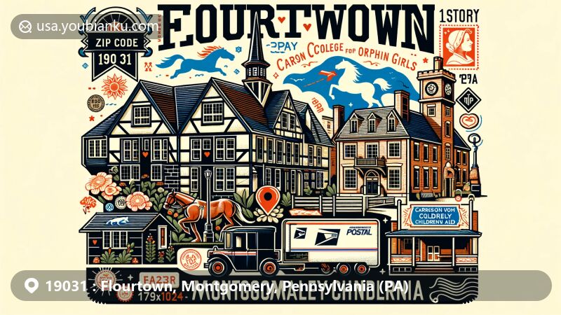 Modern illustration of Flourtown, Montgomery County, Pennsylvania, highlighting historic and educational landmarks like Black Horse Inn and Carson College for Orphan Girls (now Carson Valley Children's Aid), with a blend of Tudor Revival architecture and contemporary postal theme.