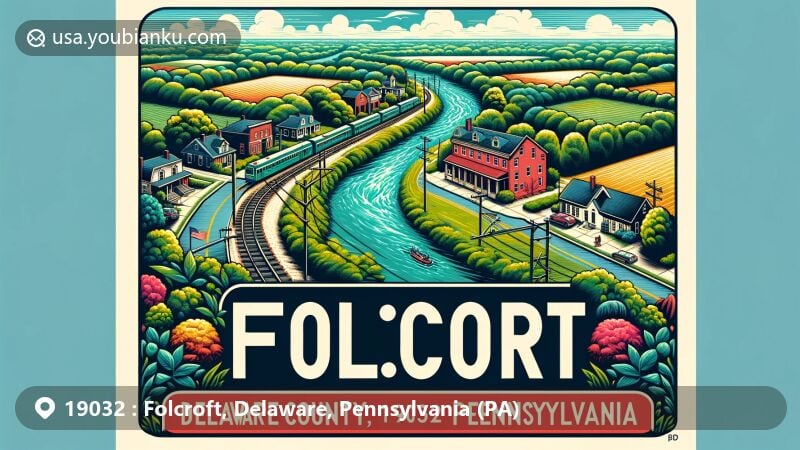 Modern illustration of Folcroft, Delaware County, Pennsylvania, capturing the essence of the area with Darby Creek and Muckinipattis Creek, depicting lush greenery symbolizing 'leafy fields', featuring SEPTA Regional Rail connectivity, the community spirit with the public library, and artistic incorporation of ZIP code 19032.