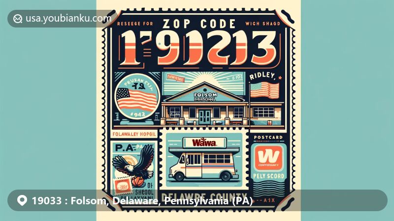Modern illustration of Folsom, Delaware County, Pennsylvania, showcasing landmarks like Ridley High School and the first Wawa convenience store, integrated with postal themes like postcards, stamps, and mail trucks.