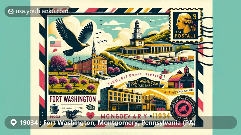Modern illustration of Fort Washington, Montgomery County, Pennsylvania, showcasing postal theme with ZIP code '19034', featuring Fort Washington State Park, Fort Washington Office Park, and Cardinal Stadium.