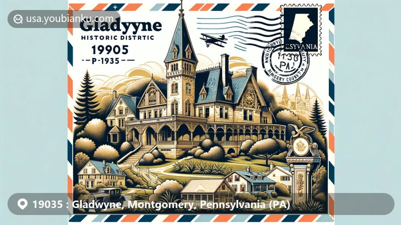 Modern illustration of Gladwyne, Montgomery County, Pennsylvania, showcasing postal theme with ZIP code 19035, featuring Gladwyne Historic District and Woodmont mansion.