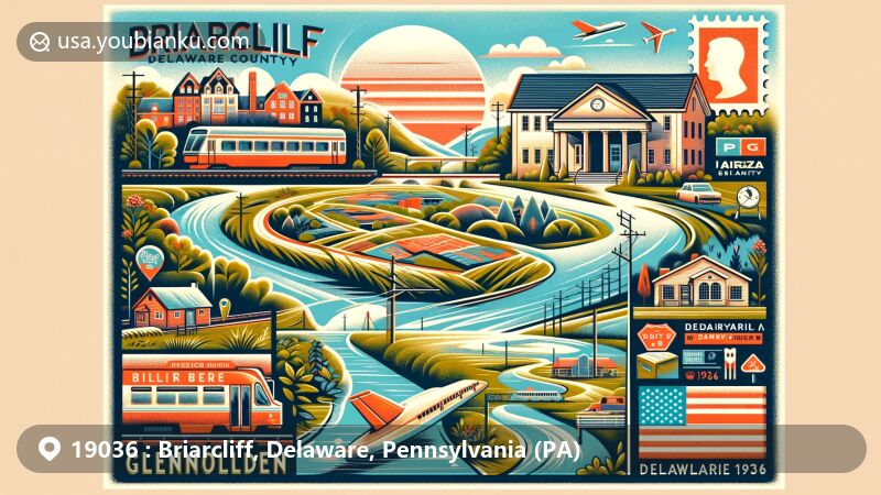 Modern illustration of Briarcliff, Delaware County, Pennsylvania, featuring a creative postcard design with postal theme and ZIP code 19036, showcasing diverse landscapes, educational institutions, and transportation infrastructure of the community.