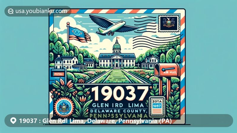 Modern illustration of Glen Rdl Lima, Delaware County, Pennsylvania, resembling an air mail envelope showcasing Pennsylvania's state flag, John J. Tyler Arboretum, and postal elements with ZIP code 19037.